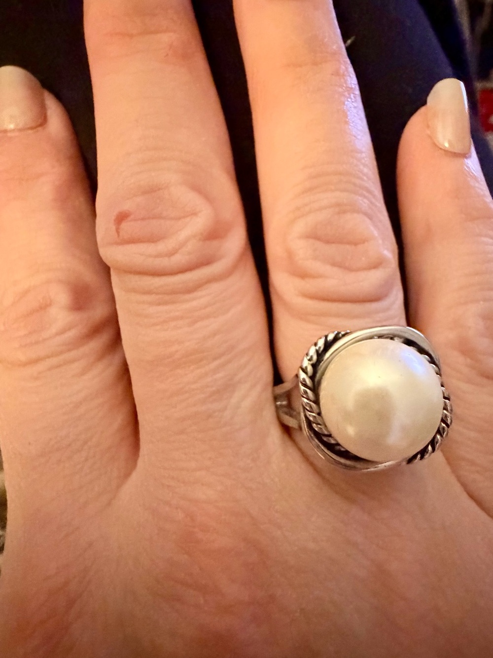 Vintage Style Pearl Statement Ring Silver Tone Rope Detail Boho Coastal Chic